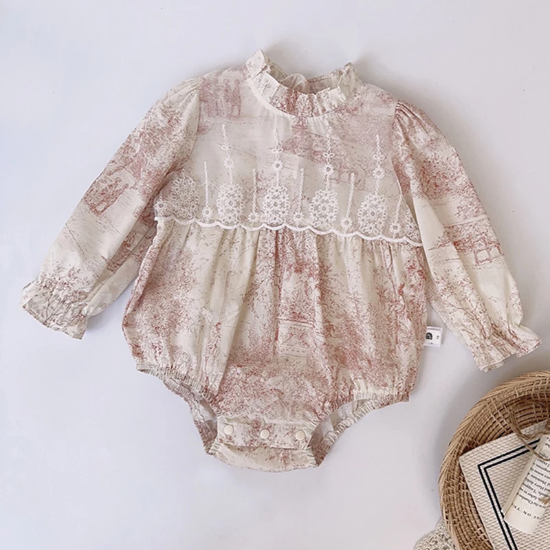 

Spring Autumn Newborn Baby Girls Bodysuits Long Sleeve Cotton Printing Lace Stitching Infant Baby Girls Jumpsuit Baby Clothing