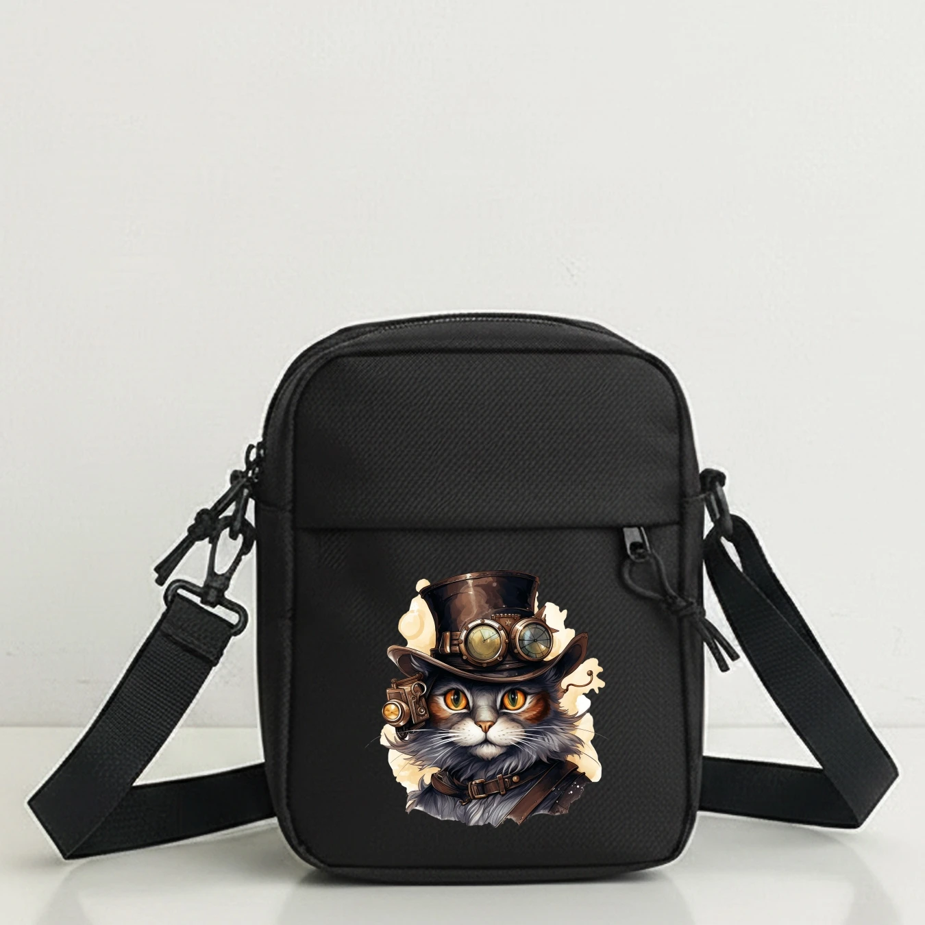 Vintage Steampunk Cat Mini Crossbody Bag 2D Print Purse with Adjustable Strap Zipper Casual Handbag for Travel Party Gift