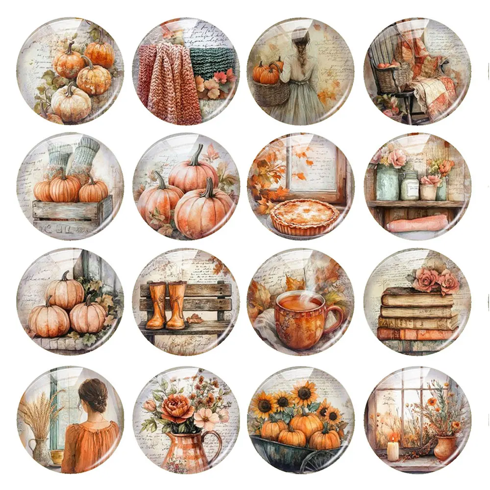 Random Mixed Round/Oval/Square Autumn Pumpkin Countryside Fall Photo Glass Cabochon Flatback Demo Cameo For Diy Jewelry Making