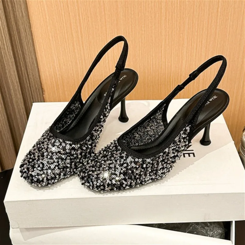 

Bling Mesh Luxury Women Sandals Breathable String Beads Designer Party Dress Shoes Square Toe Elegant Slingback Heels for Women