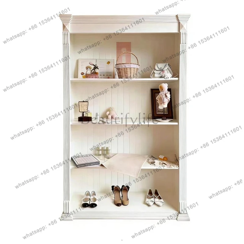 

French Milk White Solid Wood Bookcase Multi-layer Shelf Medieval Store Display Cabinet