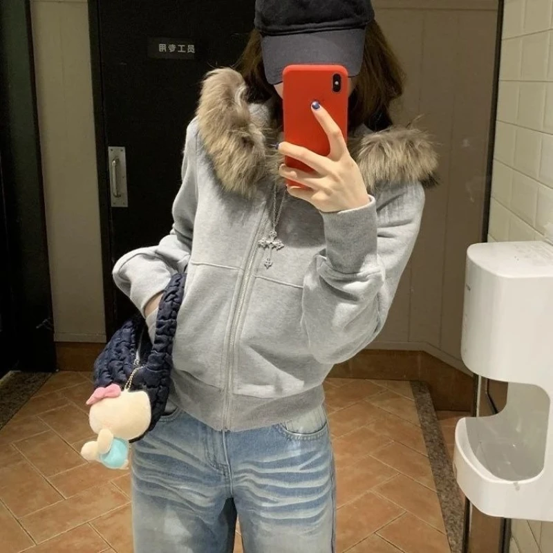 

Серая винтажная толстовка с меховым воротником и капюшоном, женская осенне-зимняя короткая куртка-кардиган Y2k, эстетичный топ в готическом стиле в стиле Харадзюку на молнии