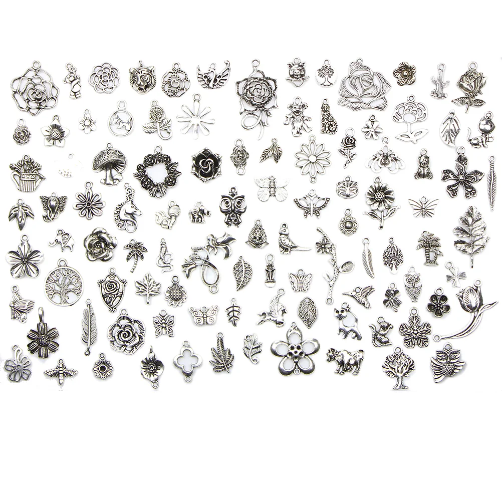 100Pcs DIY Small Pendants Jungle Series Copper Silver Bracelet Jewelry Pendants (Silver)