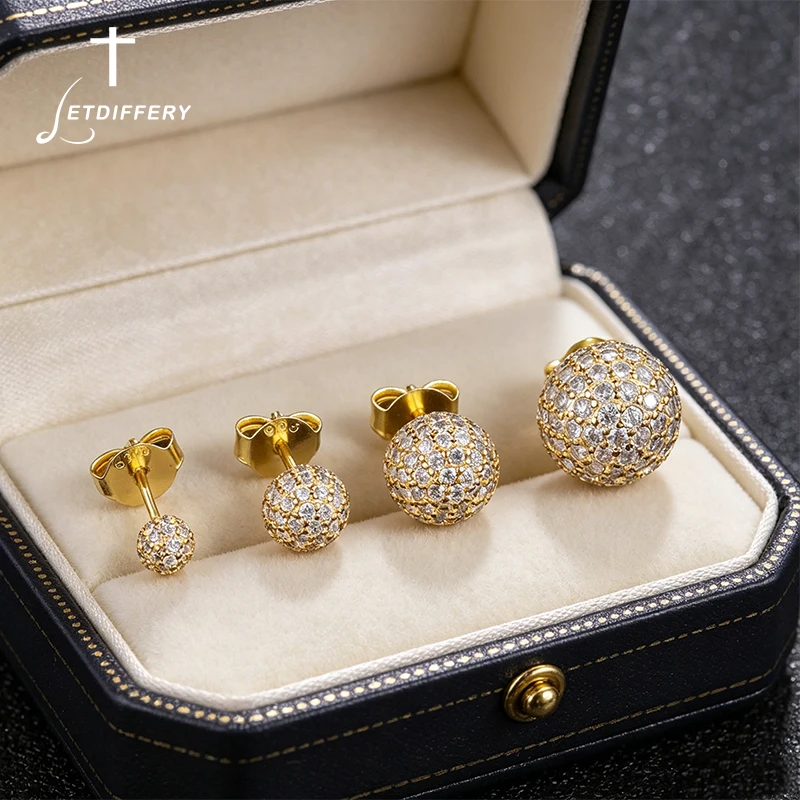 Letdiffery Round Sphere Stud Earrings Zircon Stone Iced Out for Women Minimalist Shiny Earrings Accessories Fashion Jewelry