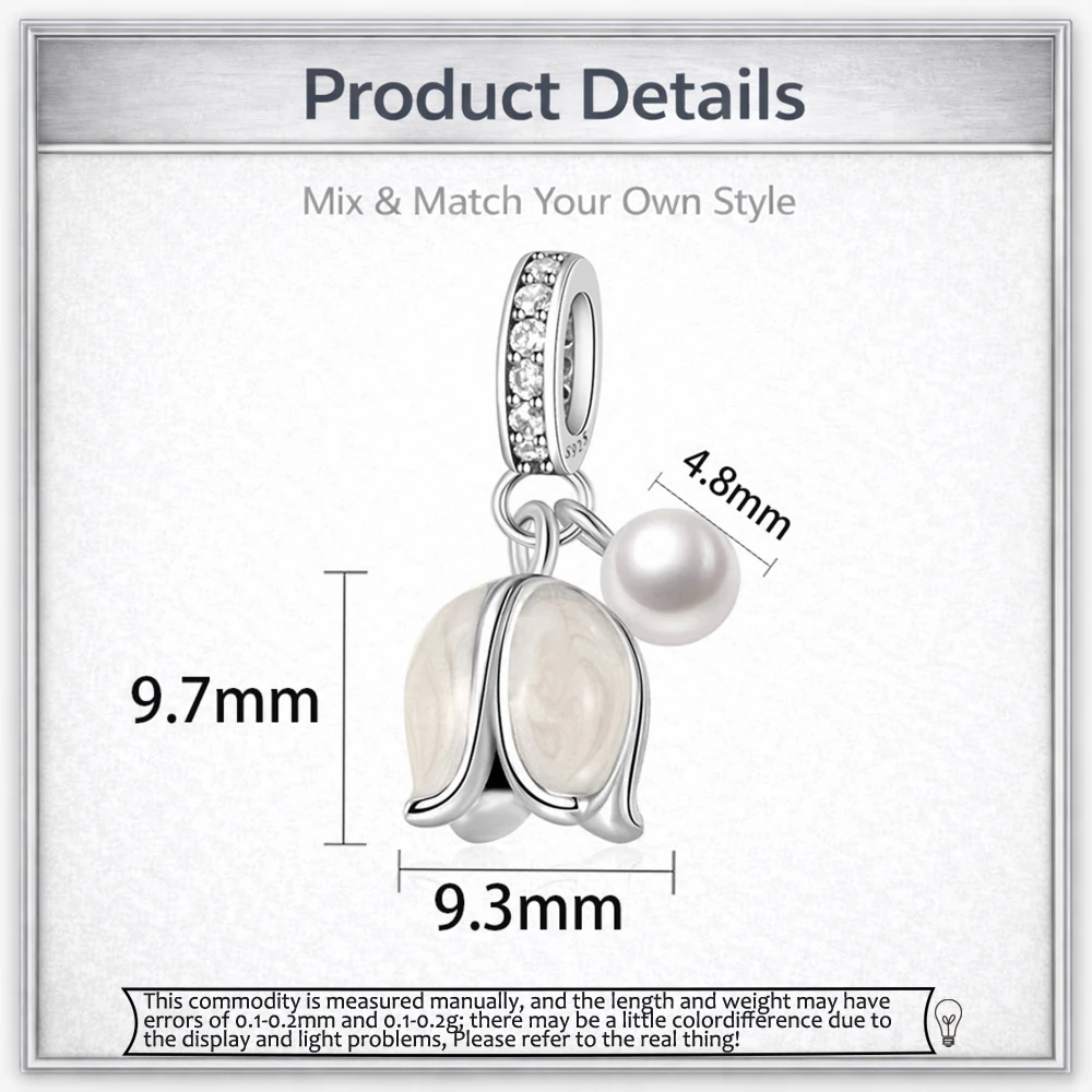 SilJew Silver Plated White Lily of the Valley with Pearl Dangle Charm Fit Pandora Bracelets & Necklaces Women Jewelry DIY Beads