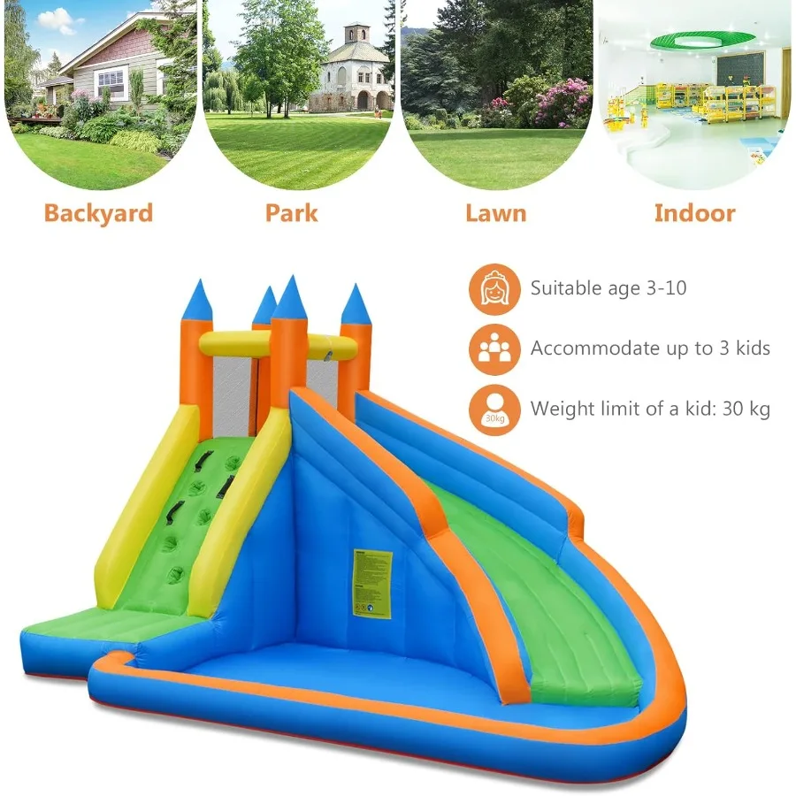 Inflatable Water Slide, Kids Bounce House with Slide Climbing Wall Splash Pool, Outdoor Jumping Castle Inflatable Obstacle Cour