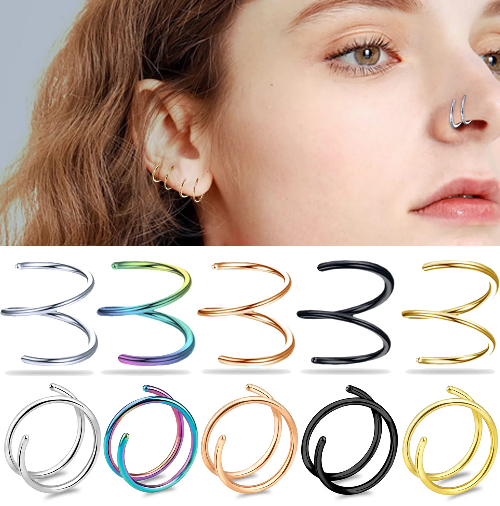 5pcs 8mm Diameter Titanium Double Helix Nose Rings hinged Earrings Cartilage Tragus Ring Lip Body Piercing Hoop Punk Jewelry