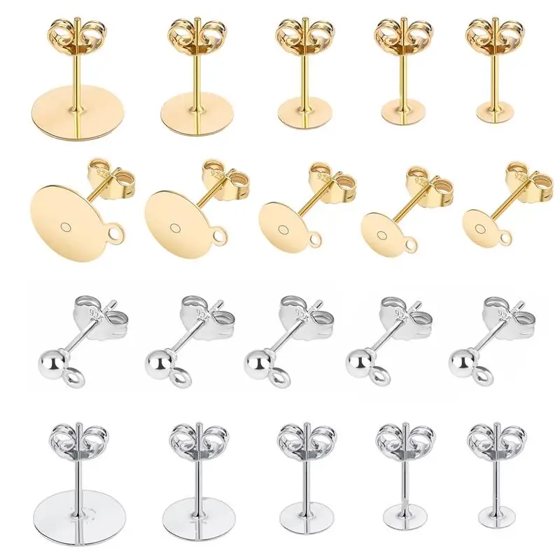 50pcs 925 Silver Plated Blank Post Earring Studs Base Pin With Earring Plug Findings Ear Back DIY Jewelry Making Accessories