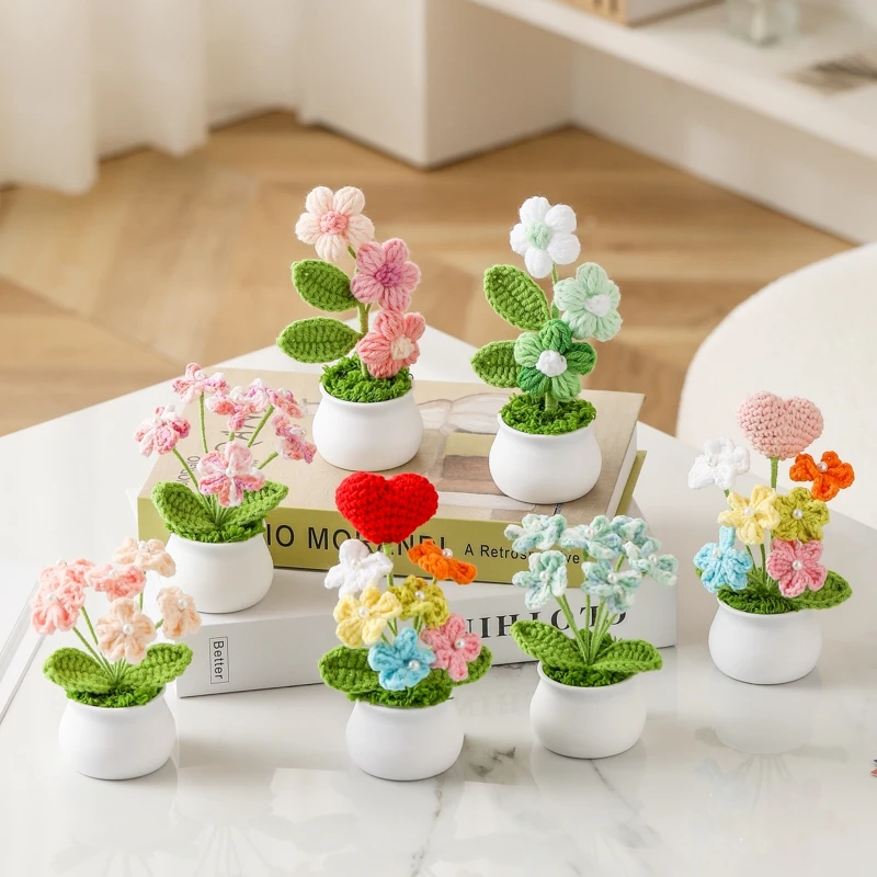 Handmade Crocheting Small Potted Plants Cute Simulation Flower Car Interior Office Desktop Decoration Artificial Flower Gifts