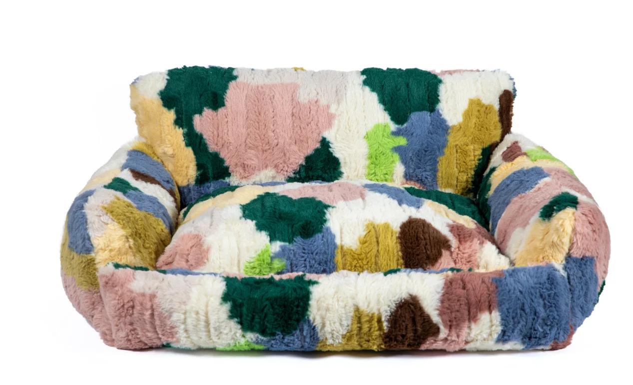 Faux Rabbit Fur Pet Bed, Geometric Print Flannel Cat Dog Cushion, Soft Warm Winter Nest for Small/Medium Dogs & Cats