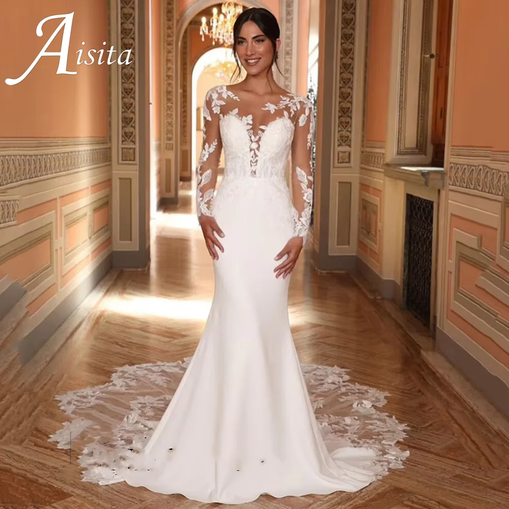 Wedding Dresses for Women O-Neck Lace Appliques Long Sleeves Mermaid Backless Button Bridal Gown Robe De Mariee Customised