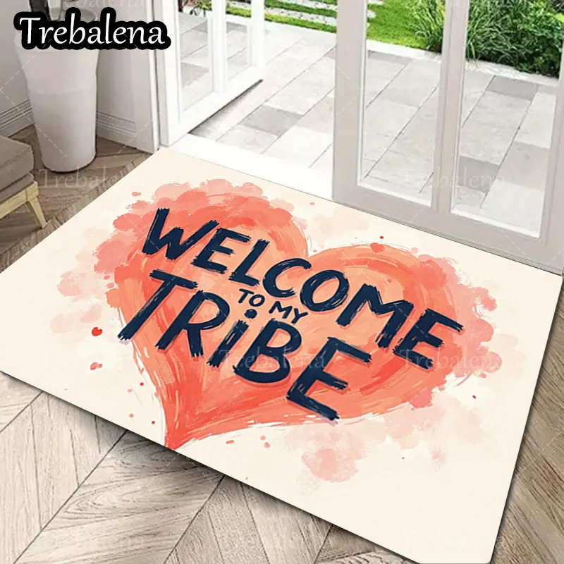 Alfombra de puerta de bienvenida, felpudo con estampado de corazón de bienvenida a mi tribu, alfombra de entrada suave y absorbente, 1 ud.