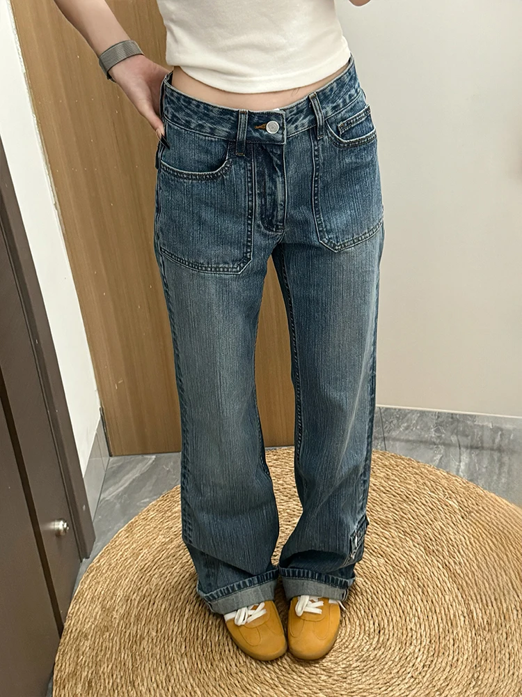 

American Style Spicy Girl Design Pocket Denim Jeans High Waist Straight Leg Slimming Floor-Length Summer New Retro Bamboo Pat...