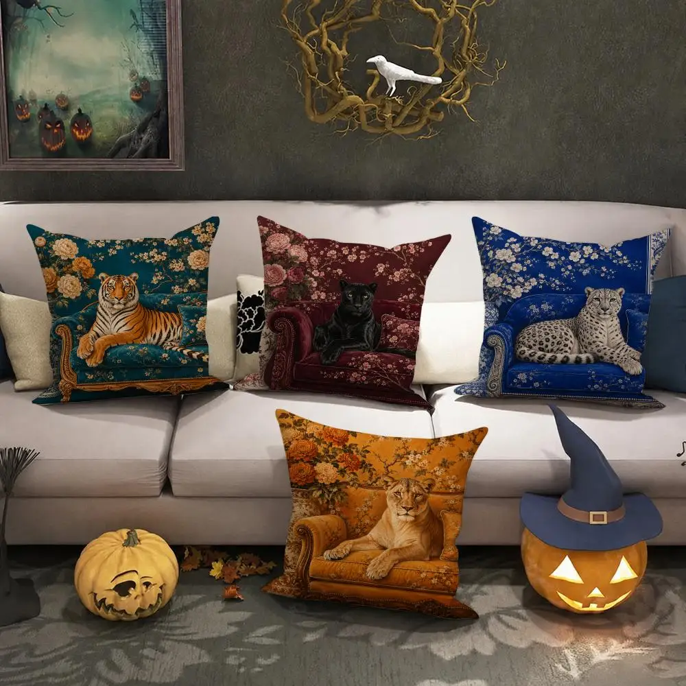 Vintage Leopard Art Cushion Cover Halloween decoration trick or treat cushion cover, ghost, pumpkin head, bat decoration