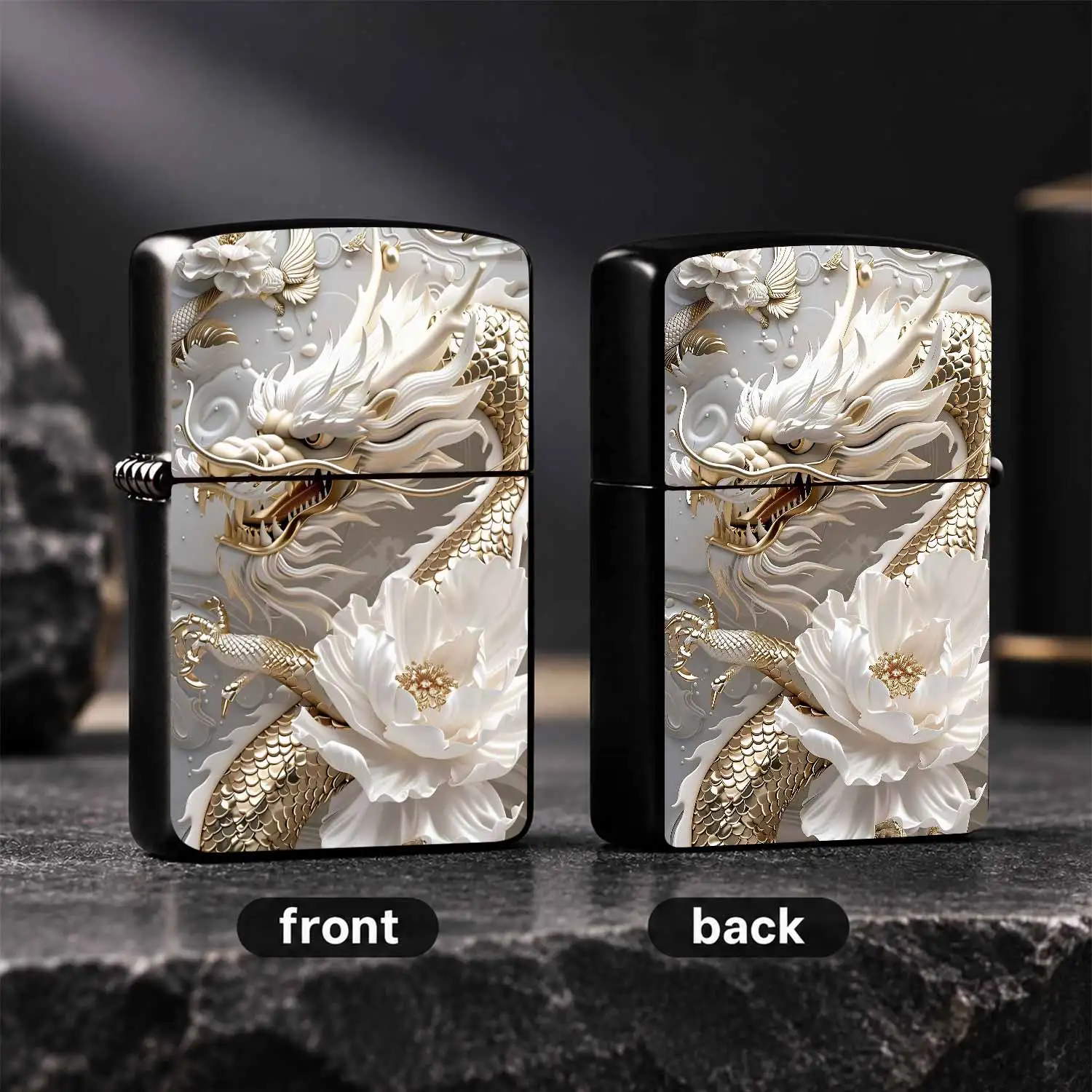 Luxurious Oriental White Dragon Peony Embossed Lighter, Exquisitestyle Pattern, Premium Decorative Craft, Portable Multi-Scene Usable, Ideal Gift Choice For Festivals, Smooth Stylish Look, Adds Elegant Eastern Aesthetic A Humorous And Inter
