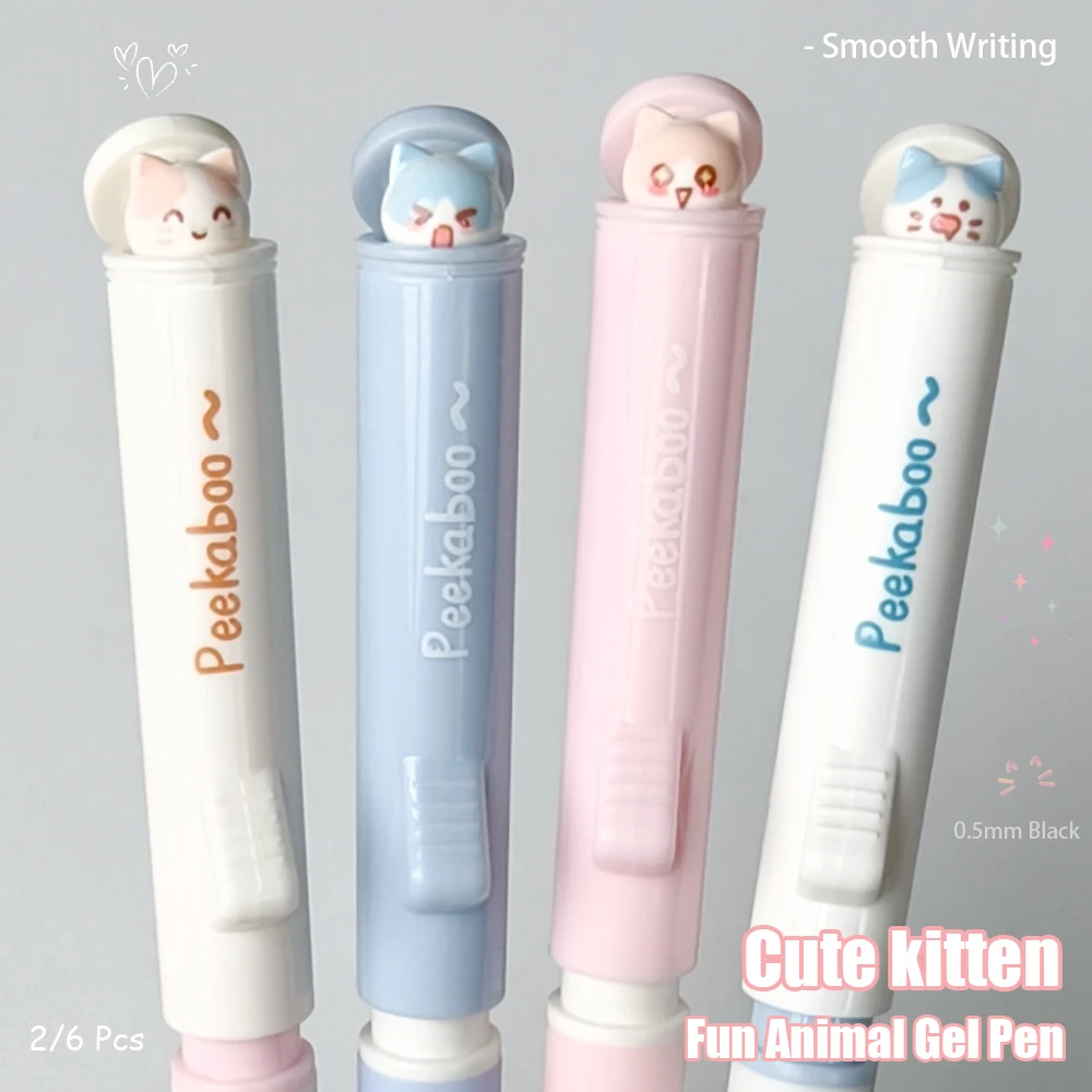 2/6 Stück lustige Kätzchen-Gelstifte zum Verstecken und Suchen, 0,5 mm, Flip-Cover-Design, niedlicher, schnell trocknender Stift im minimalistischen Stil – Detail 7
