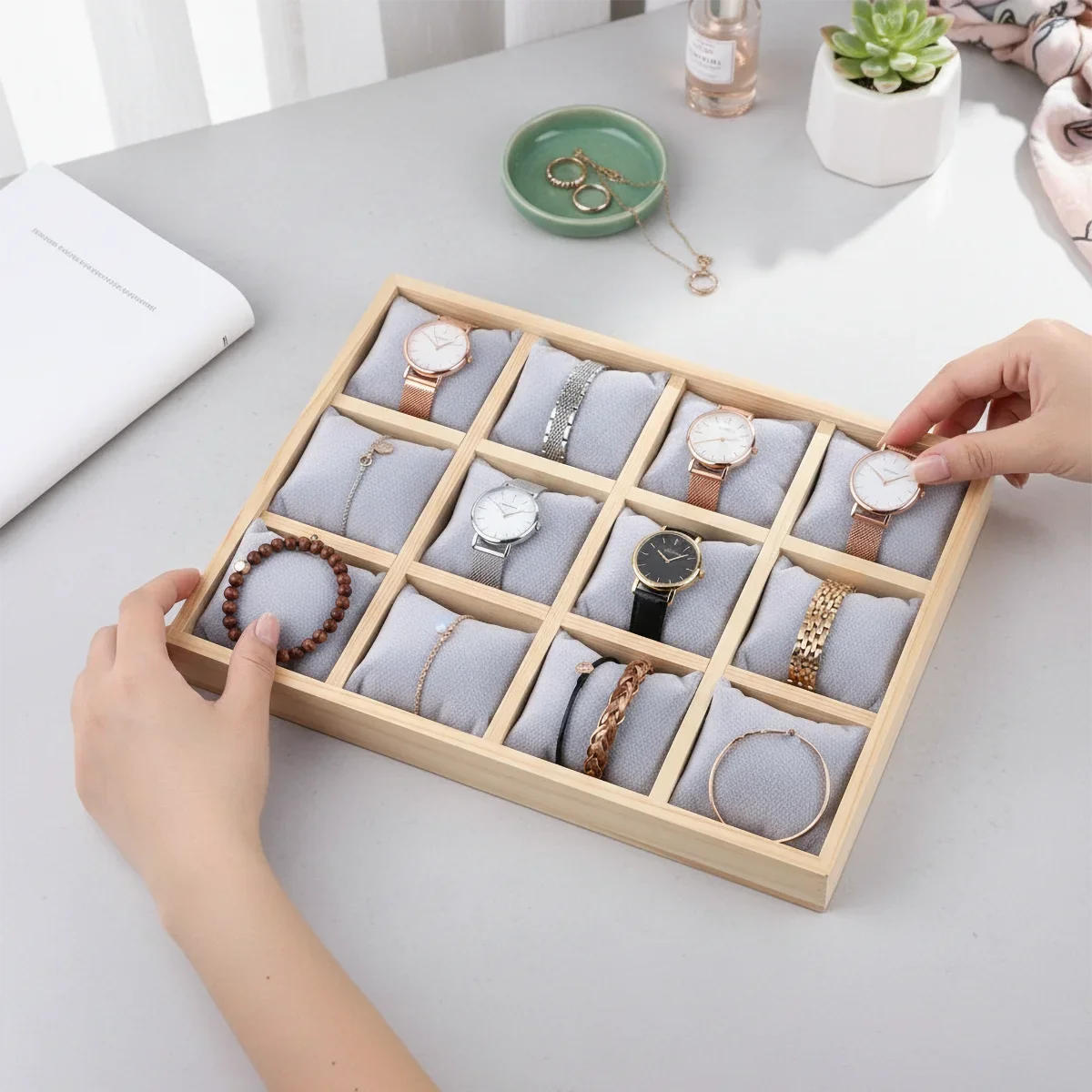 12-Slot Natural Wood Jewelry & Watch Organizer Tray - Soft Protective Cushions for Watches/Bracelets (Multi-Purpose Storage