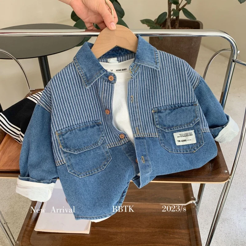 

Children's shirt2024Spring New Boys' Striped Denim Shirt Fashion Coat C0287-WS