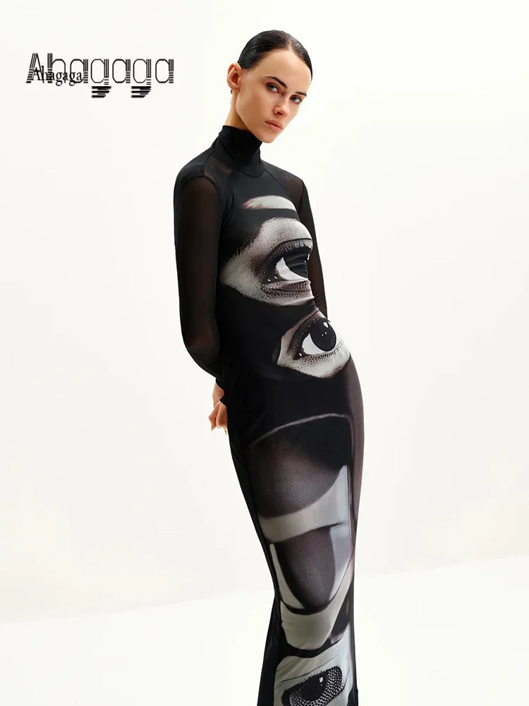 

Ahagaga Fashion Women's Maxi Dresses Printed Turtleneck Regular Long Sleeves Sheath Slim Fit Eyes Causal Streetwear Vestidos