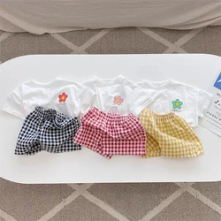 Summer Children Clothing Short Sleeve Tees Plaid Shorts Baby Girls Outfits Casual Suit Toddler Costume Kids Leisure 2piece/set