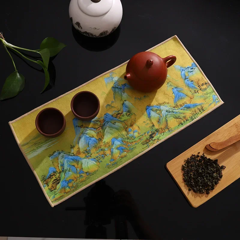 1pc Chinese Painted Thick Tea Towel Super Absorbent High-end Tea Set Accessories Table Mats Household Professional Ragtea Napkin