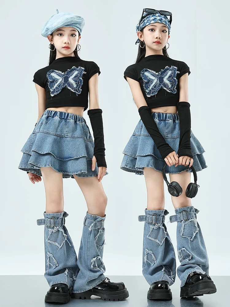 Children Jazz Dance Costume Girls Hip Hop Street Dance Performance Clothing Denim Skirt Crop Tops Catwalk Concert Suit BL13207