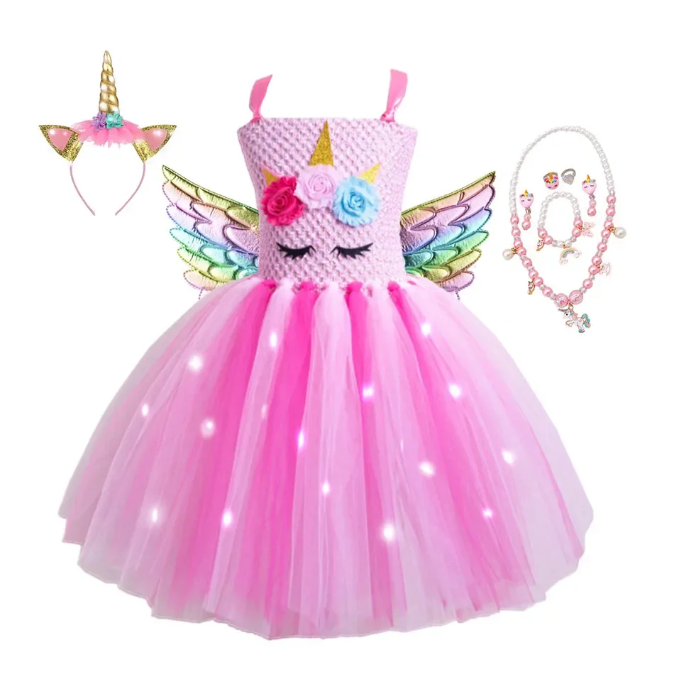 Halloween Girls Glowing Pink Unicorn Tutu Dresses for Kids Cartoon Flower Dress with LED Lights Children Birthday Party Frocks