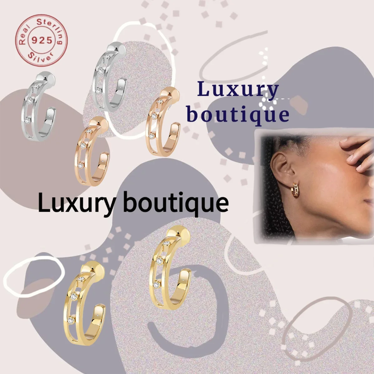 

Solid silver S925 earrings with smooth zircon C-shaped hollow design, noble women's couple's festival limited edition