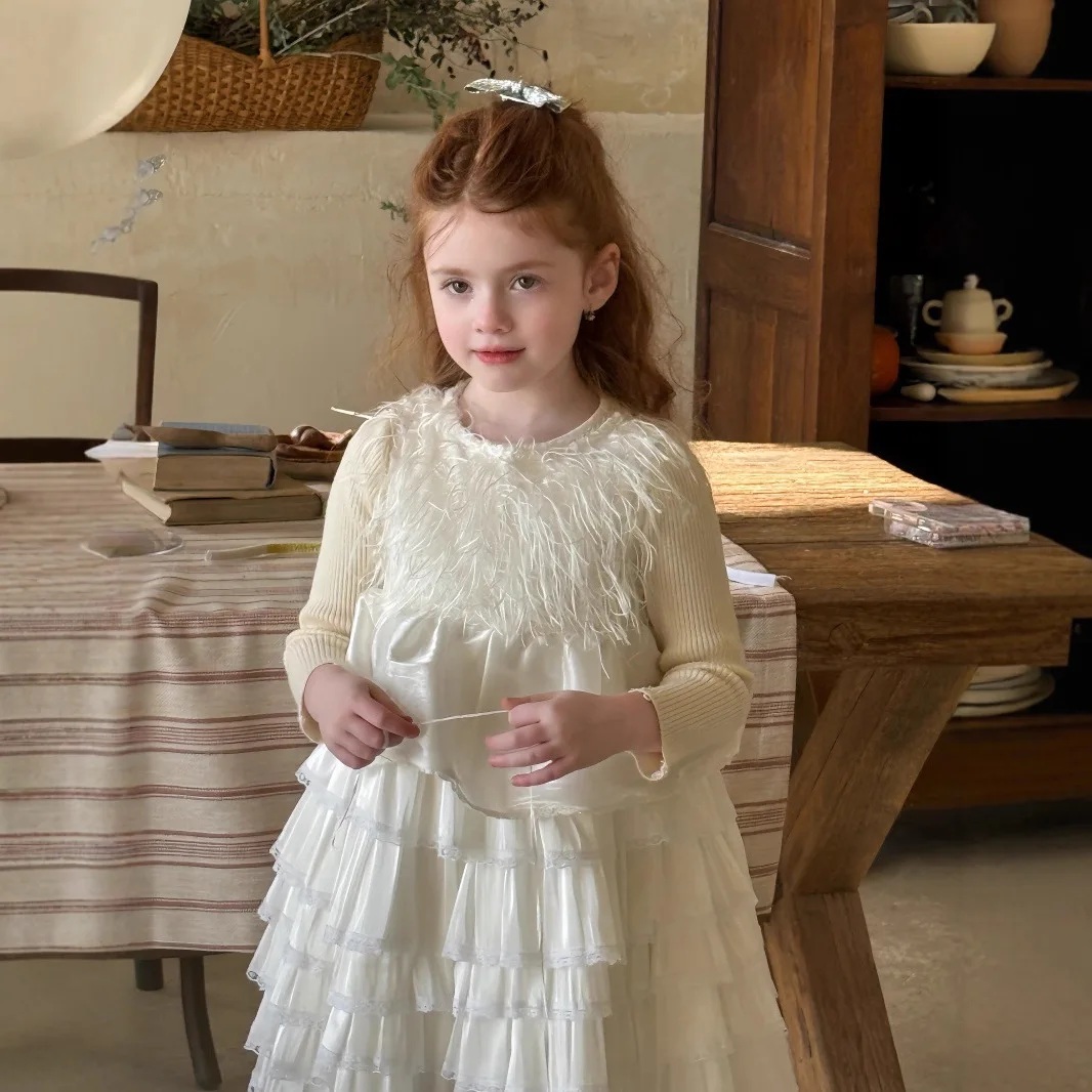 

2025 Autumn Winter Korean Children Tassel Cake Princess Dress Girls Birthday Party Fashion Dress