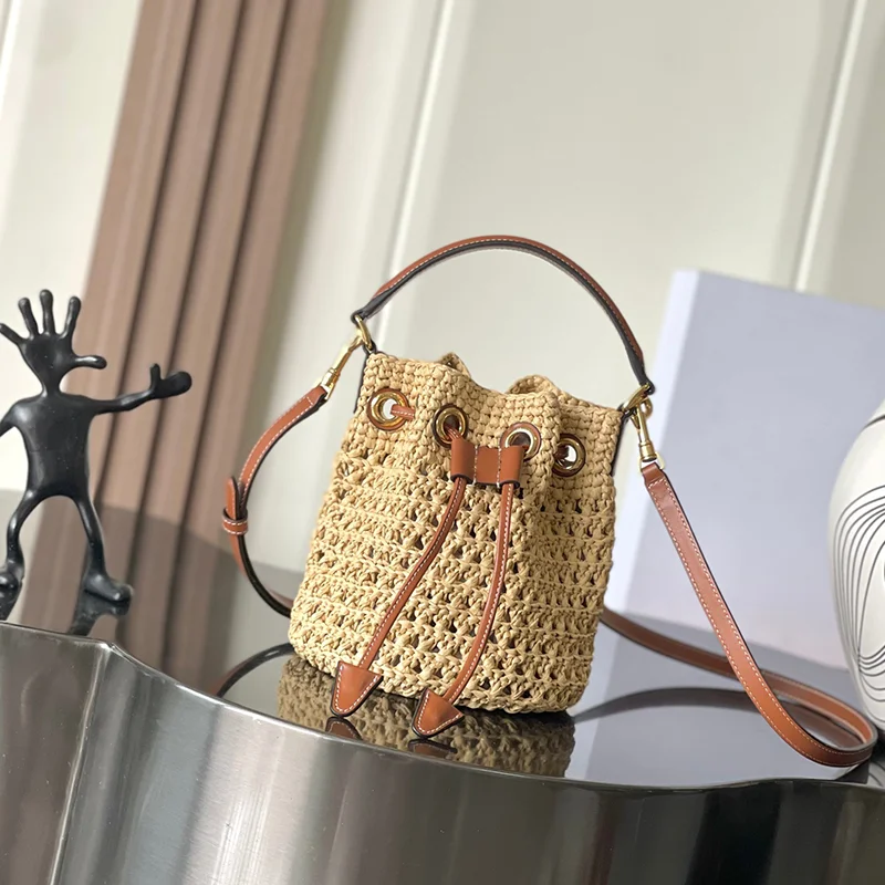 

New Relaxed Straw Woven Bucket Bag, Summer Beach Retro Travel Crossbody Bag, Commuting Shopping Leisure Travel Women's Handbag