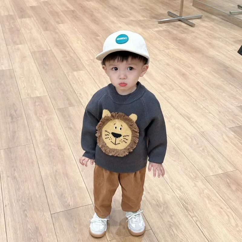 아기옷 2023 Winter Baby Clothes Boy Pullover Sweater Baby Cartoon Lion Knitted Top Girl Warm Versatile Sweater Baby Boy Clothe セーター