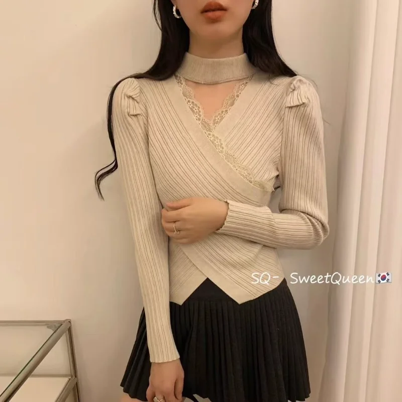 Nuevo Otoño Invierno encaje grueso cuello empalmado suéter con cuello en V mujeres coreanas camisa Base interior delgada