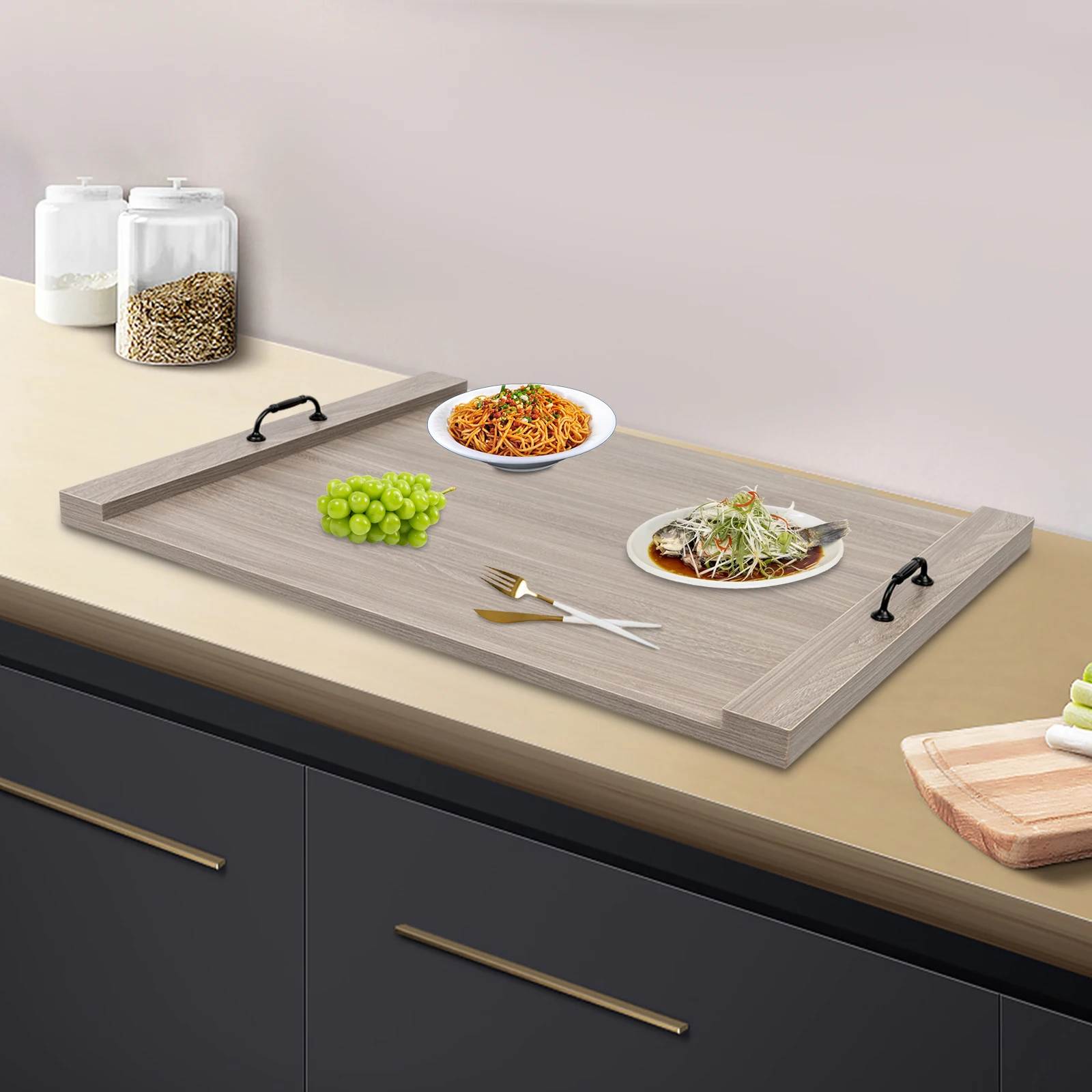 

BYMAOCAR Solid Wood Noodle Board Stove Cover for Gas Burners, 30"x22" Smoked Oak Stove Top Protector w/ Non-Slip Pads & Handles
