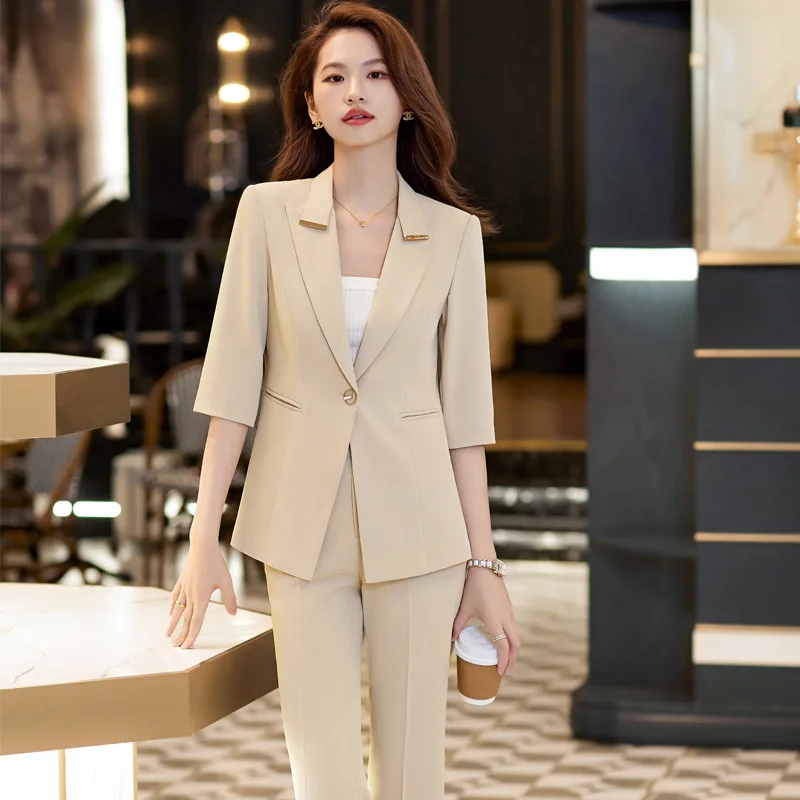 Business Women's Clothing Mid-Sleeve Suit Skirt Set 2023 Spring and Summer Suit Jewelry Hotel Studio Beautician Ol Overalls