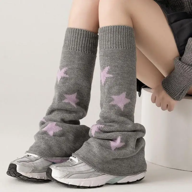 A Pair of Kawaii All-Match Heap Mid-Calf Socks Double Sided Stars Knitted Y2K Campus Jk Strap Long Leg Set Leg Shaping for Women