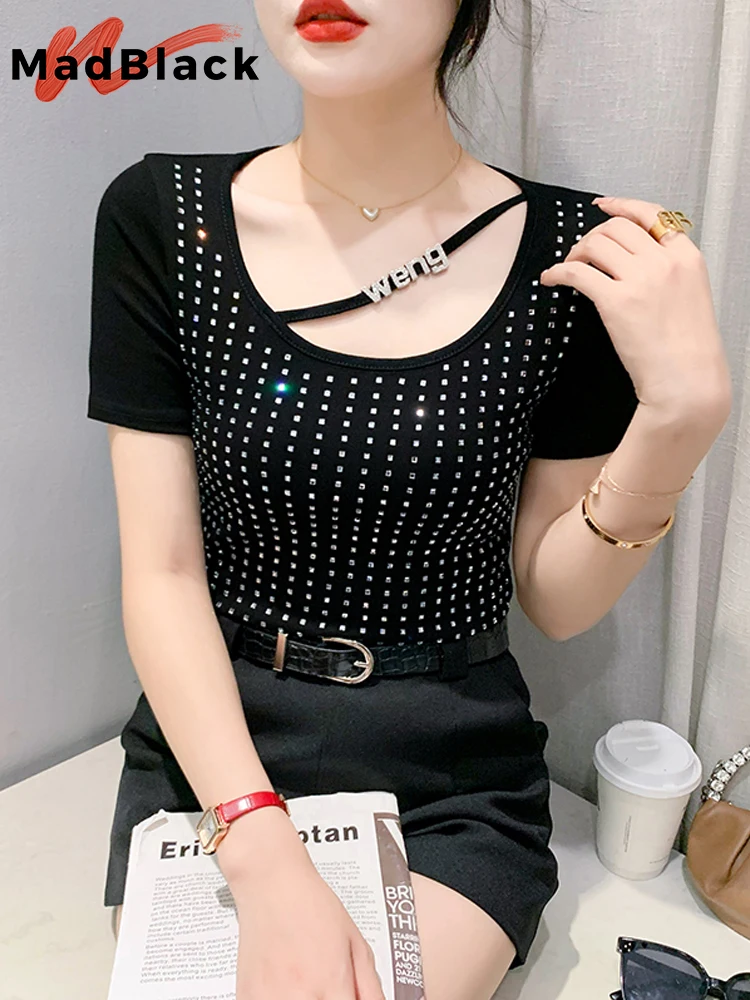 MadBlack Summer Irregular Short T-Shirts Ladies Sexy Shiny Hot Drill Patchwork Slim Cropped Tops Short Sleeve Tees New T34426C