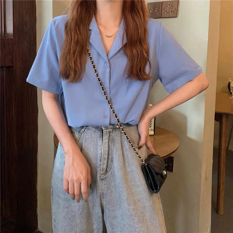 

Shirts Women Simple Basic Chiffon Summer All-match Casual Office Lady College Young Notched Camisas De Mujer Short Sleeve 2025