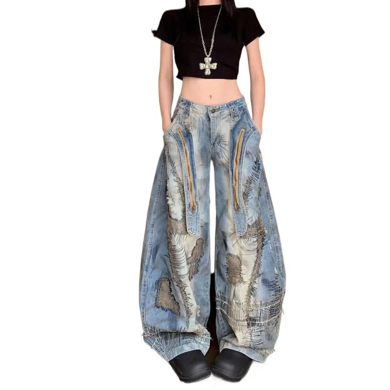 

Американские тяжелые джинсы-ножи для мужчин и женщин, осенние модные брендовые джинсы с вышивкой, широкие длинные брюки, прямая трубка