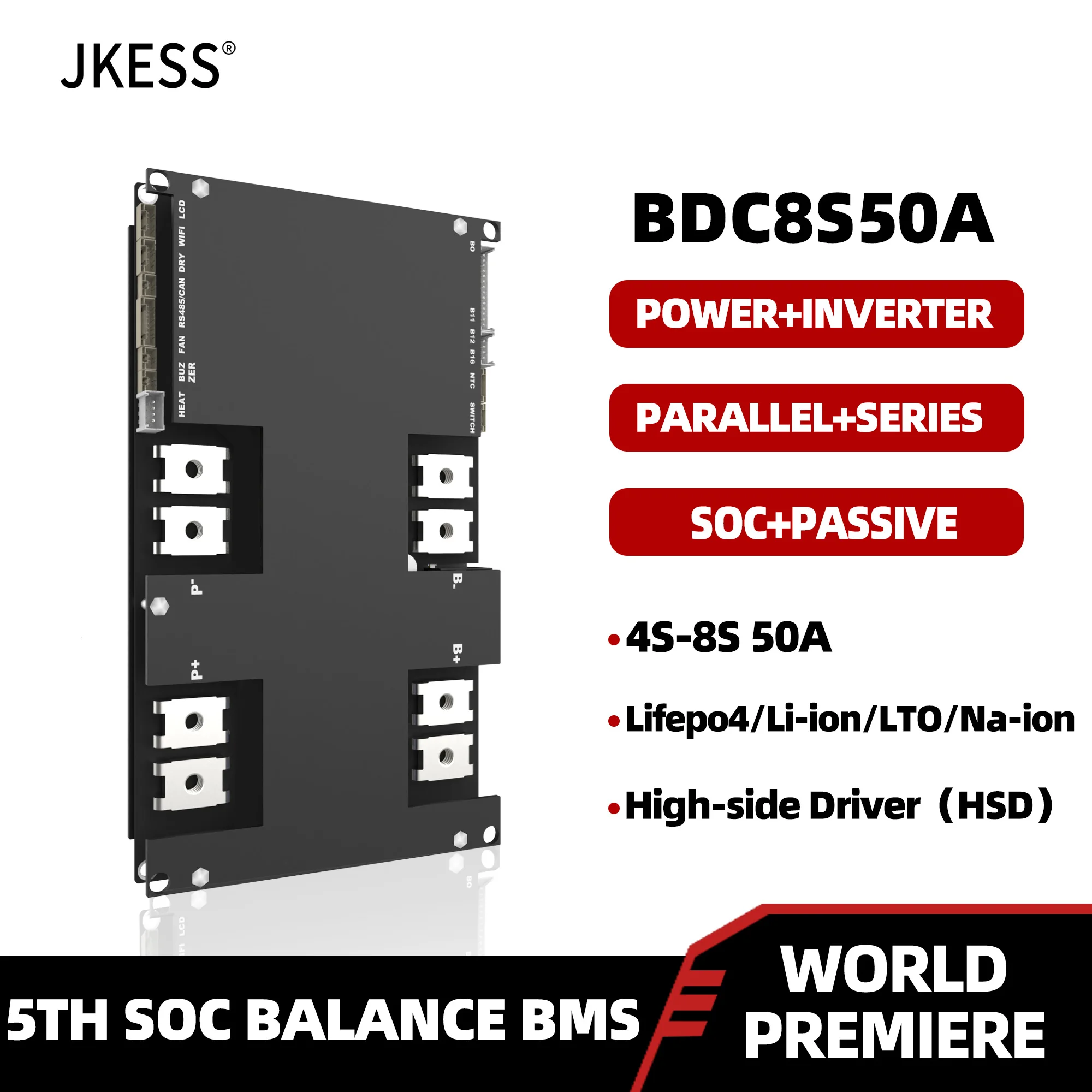 JKESS Soc Balance BMS Lifepo4 LTO Lion 4S 5S 6S 8S 50A 12V 24V Power Inverter BMS Parallel Series RS485 HEAT CAN for Home Solar