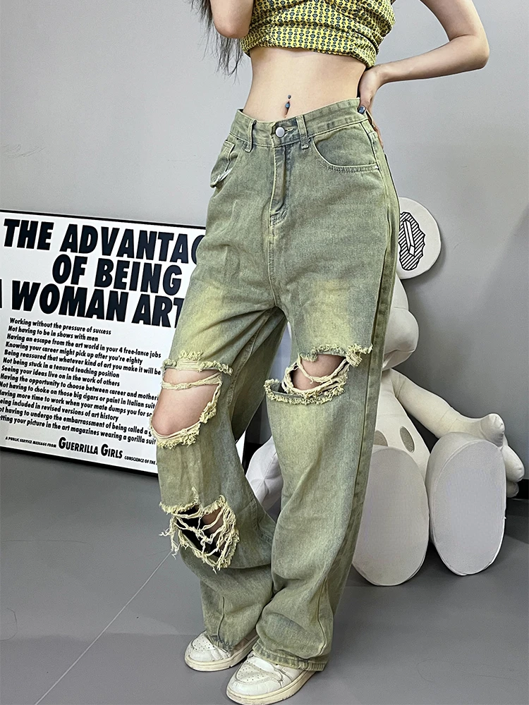 

Lady Casual Vintage High Waisted Baggy Ripped Slouchy Jeans for Women Clothing Girls Fashion Denim Wide Leg Pants Female Clothes