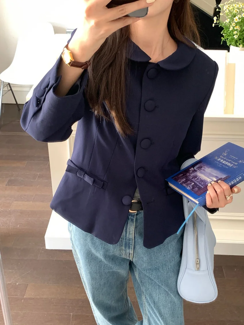 

Темно-синие пиджаки Alien Kitty, тонкие винтажные осенние женские туфли 2022, консервативный стиль, воротник Питера Пэна, шикарные Mujer, новые уличные пальто с бантом