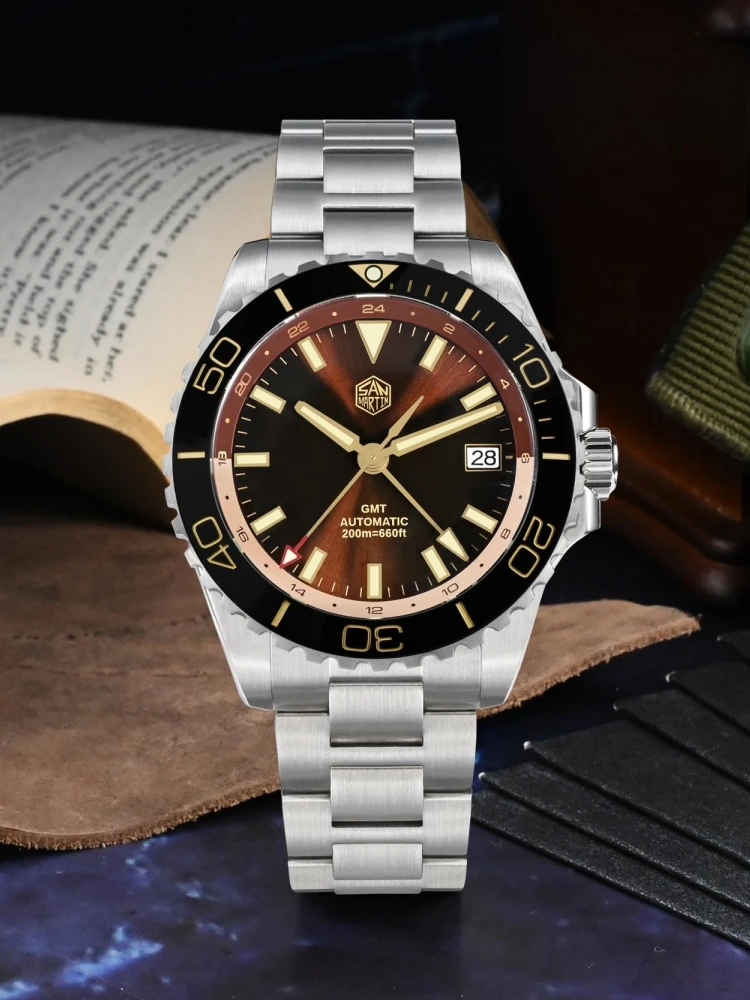 San Martin 39mm Automatic NH34 Men\'s Watch Sport GMT Diving 20Bar Enamel Dial Sapphire AR Self Winding Wristwatch Montre SN0136