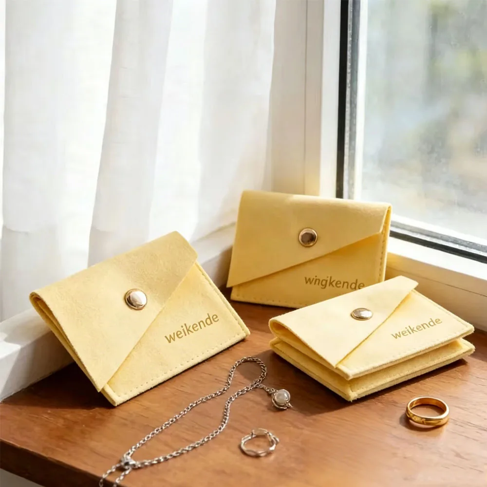 

50pcs Bright Yellow Printing Logo Bevel Jewelry Microfiber Button Bag For Earring Necklace Bracelet Packaging Gift Organizer