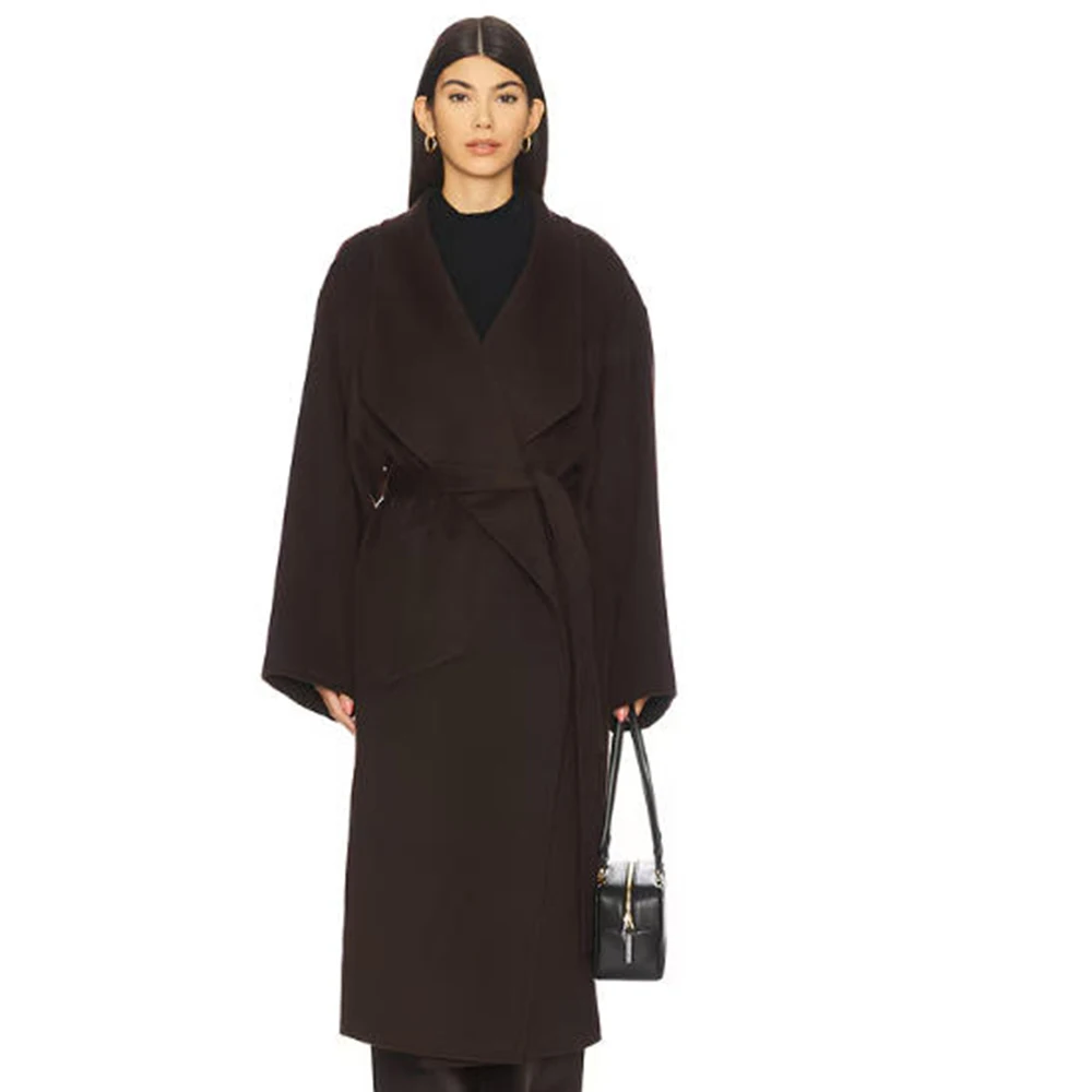 Minimalist Luxury Dark Brown Women's Woolen Long Coat Peak Lapel Oversize Office Casual Female Overcoat