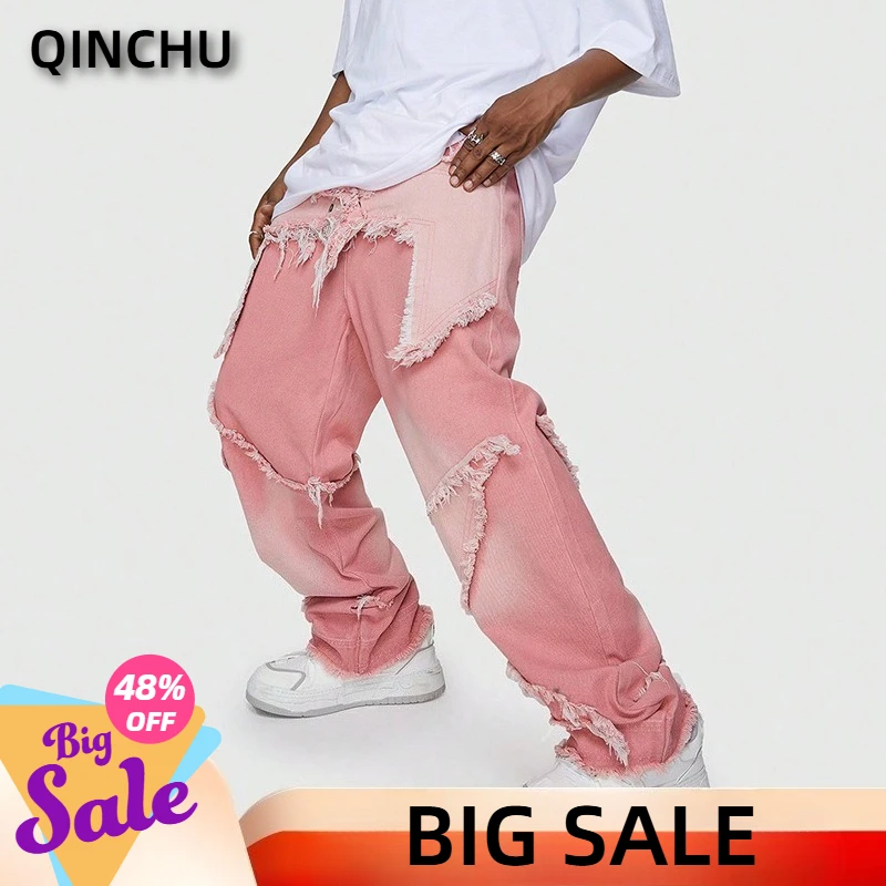 

QINCHU Vibe Style High-End Splicing Pink Jeans Hip-Hop Work Pants Cotton Wide Leg Jeans