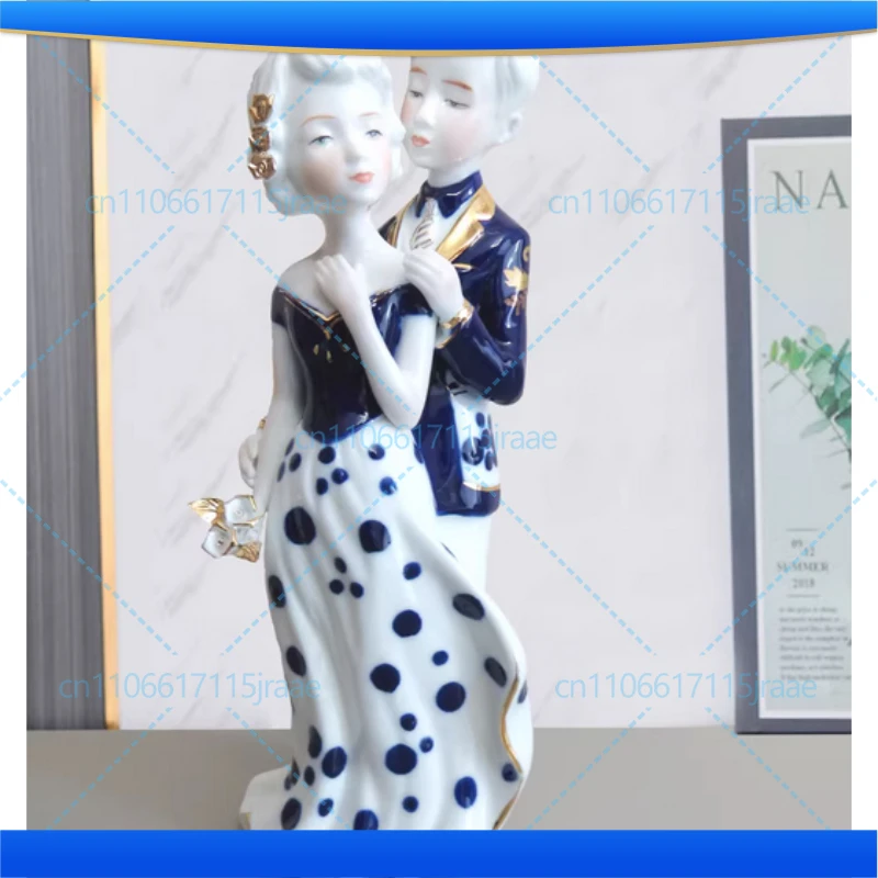 Gold-plated Porcelain European Figures Statue Desk Decoration Blue Ceramic Musician Character Sculpture Room Aesthetic Decor