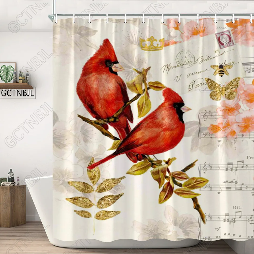 Garden Flowers Birds Shower Curtains Set Retro Country Decor Non Slip Toilet Cover Rugs Bathroom Mat Set Fabric Bathroom Curtain