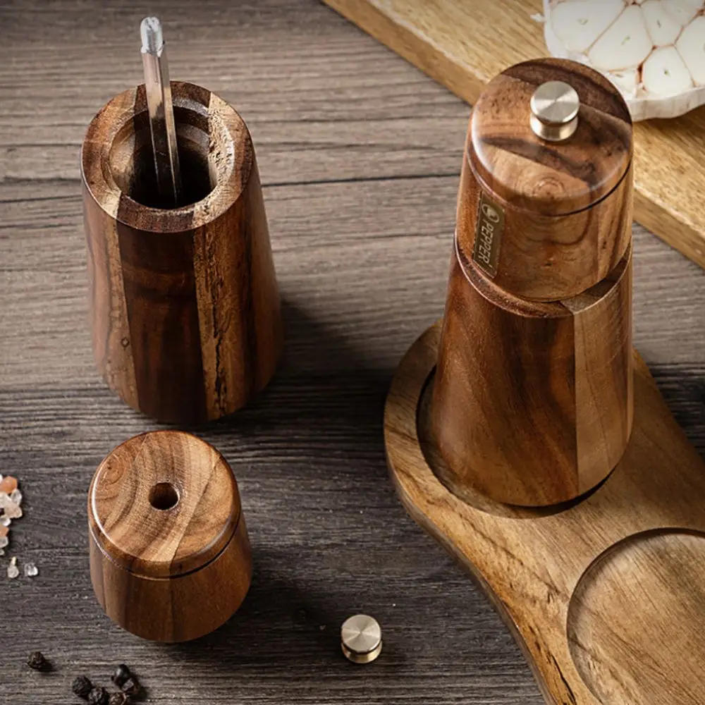 Manual Acacia Wood Pepper Mill Set Ceramic Core Adjustable Particle Size Pepper Grinder with Base Spice Mill Bottle Steak