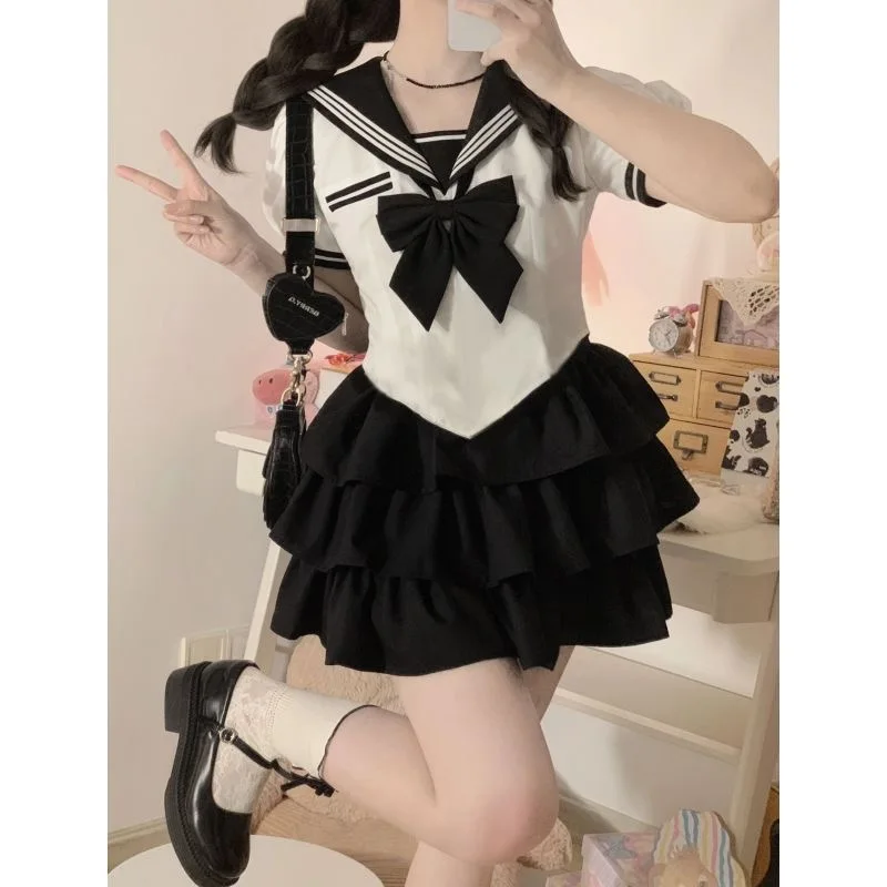 Uniforme scolastica giapponese Jk Plus Size S-8XL Uniforme da marinaio Coreano Preppy Girl Navy Colletto Fiocco Pommel Gonna Abito per le donne
