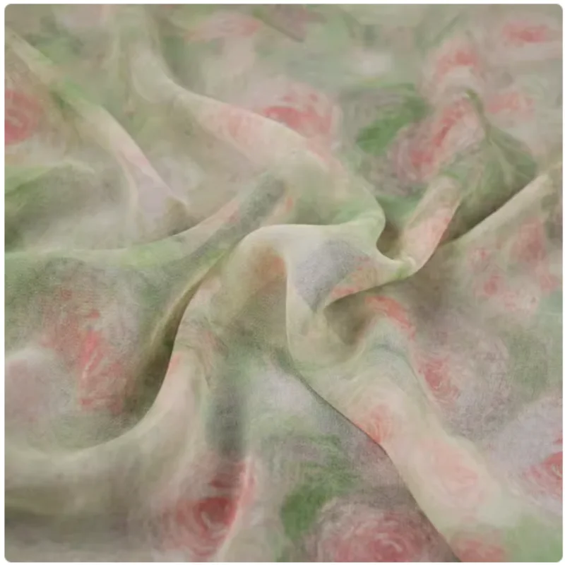 Beauty Light Green Bottom Pink Rose Flower Print Chiffon Fabric, Dress Sewing Tissue, Thin Soft Transparen, T2218